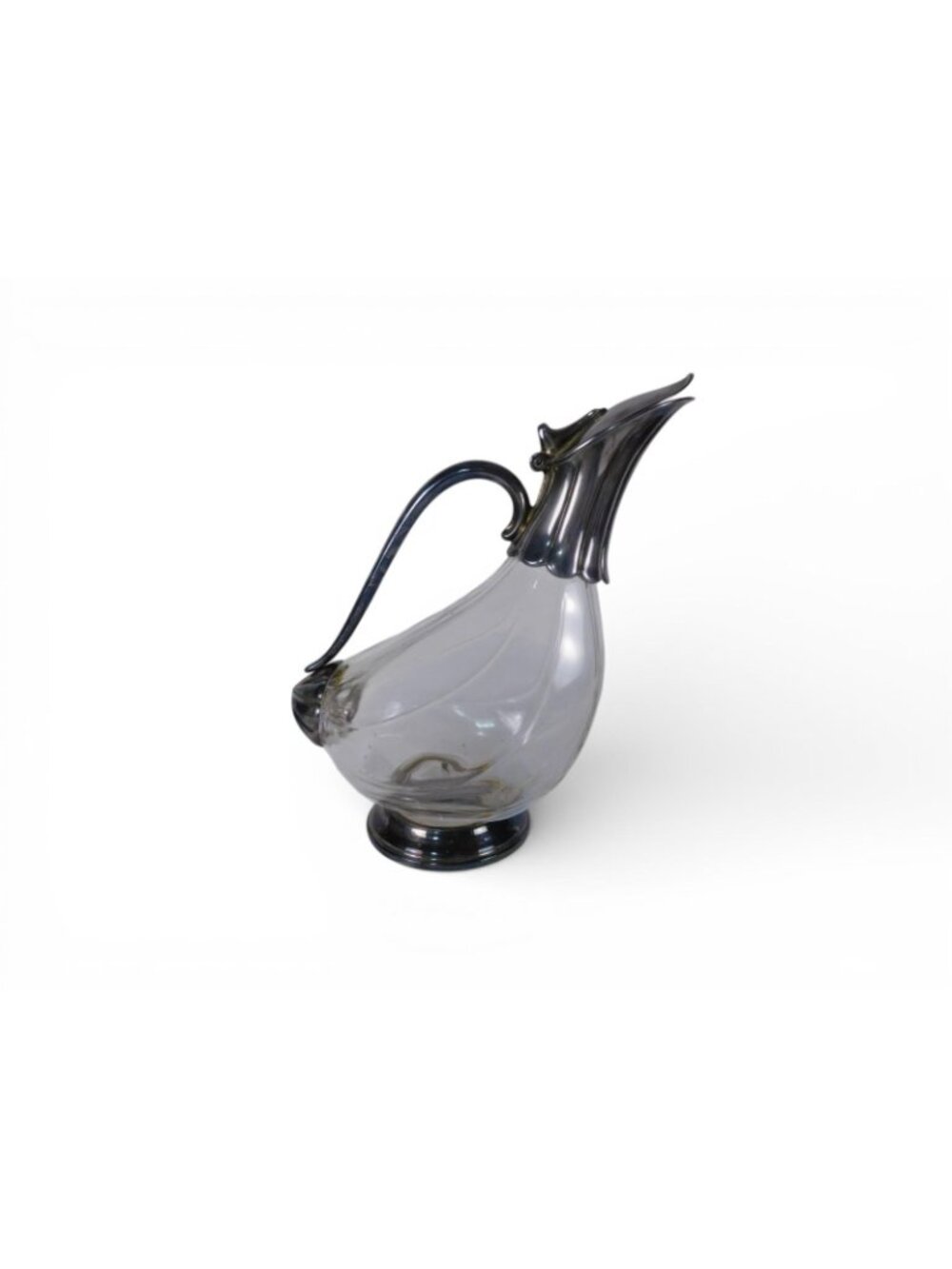 Vintage Clear Glass Art Nouveau Pitcher Metal Mounted Hinged Lid Handle Unmarked - Picture 8 of 9